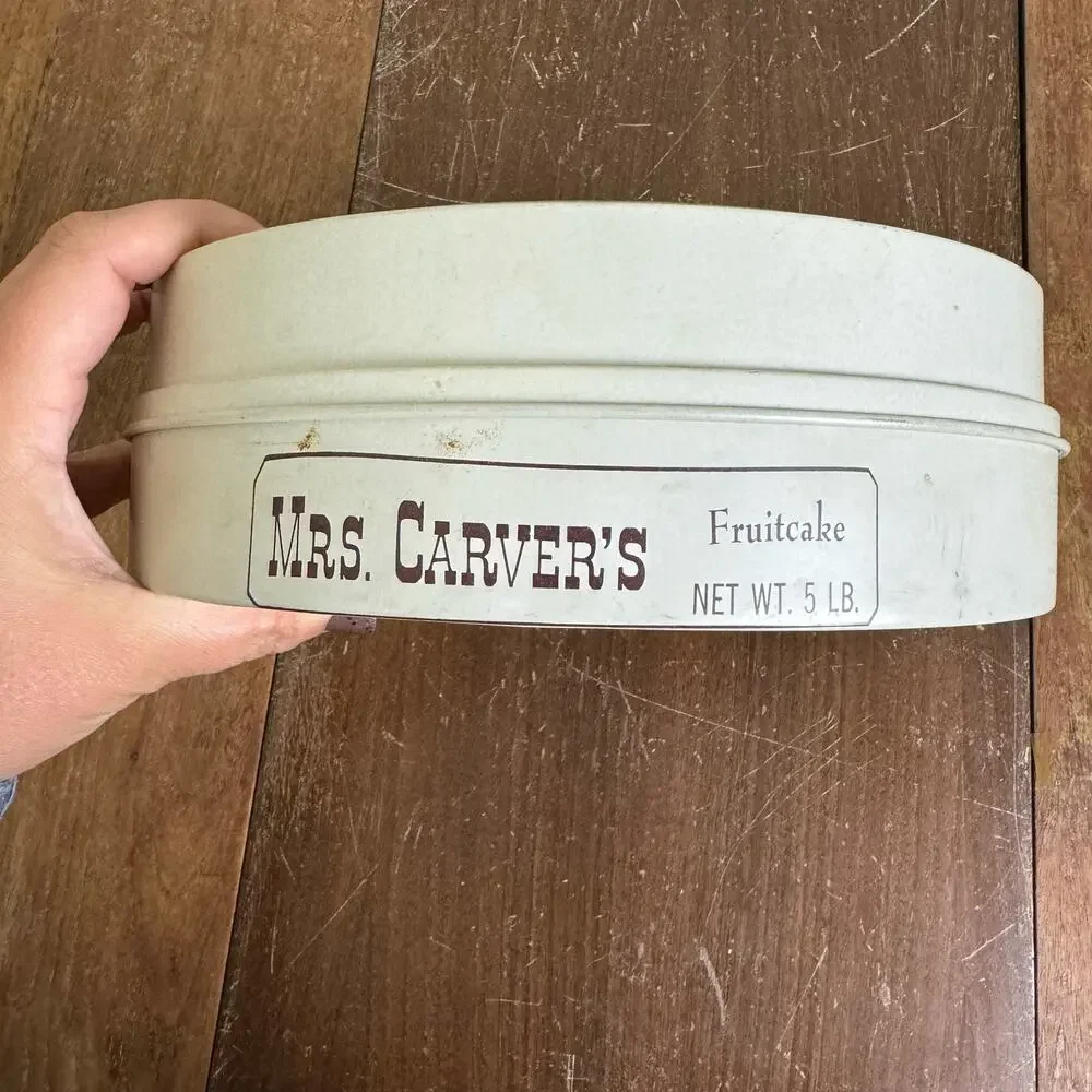 Mrs. Carver's 1950s Strawberry Litho Round Fruit‎ Cake Metal Tin Container